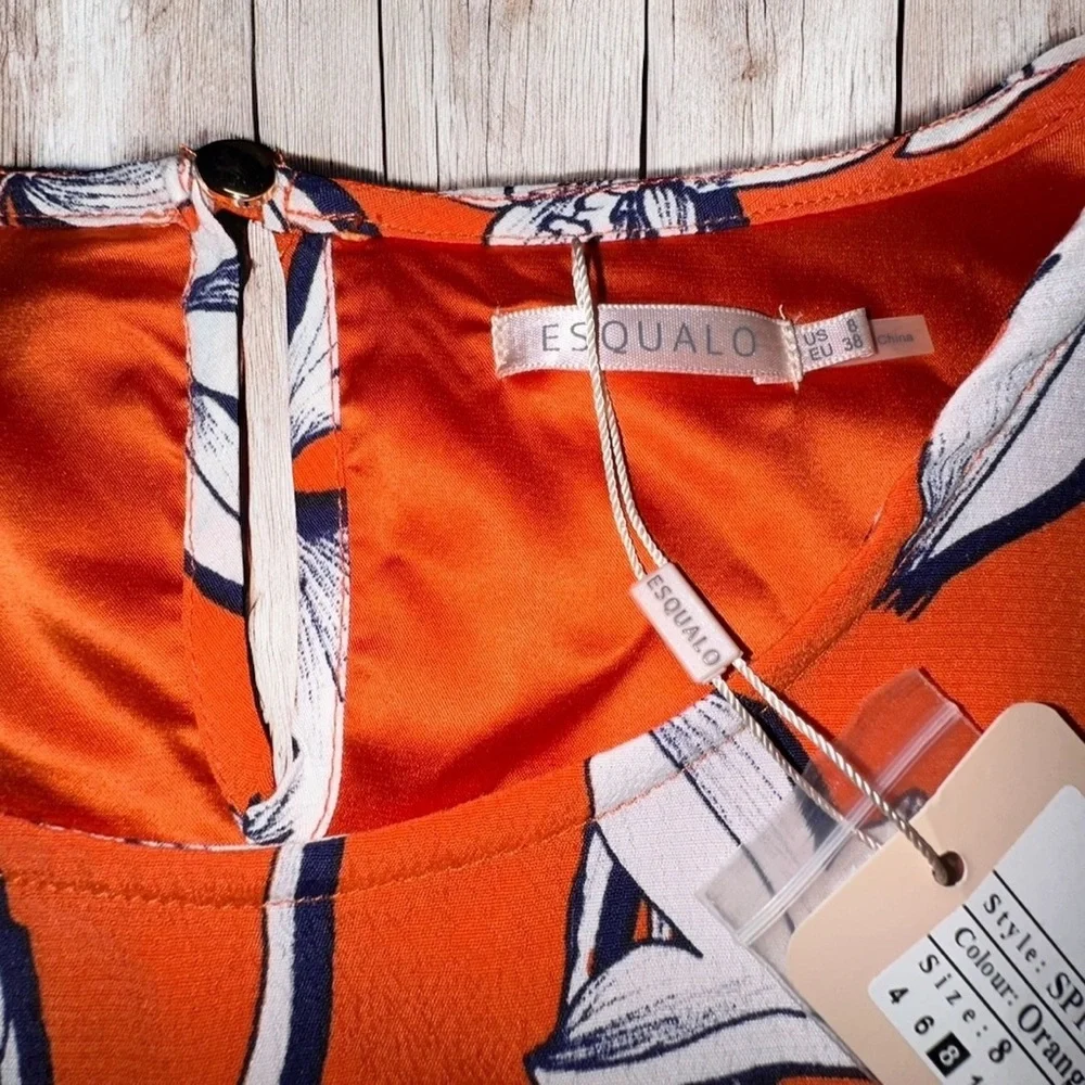 ESQUALO Women’s Long Sleeve Orange Botanical Shift Dress ~ Size 8 ~ NWT - Picture 3 of 9